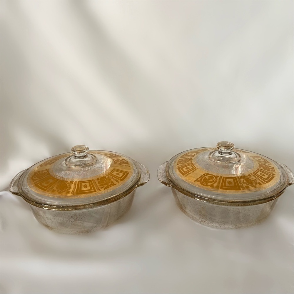 Vintage fire king culver coronet metallic gold covered casserole dishes cookware
